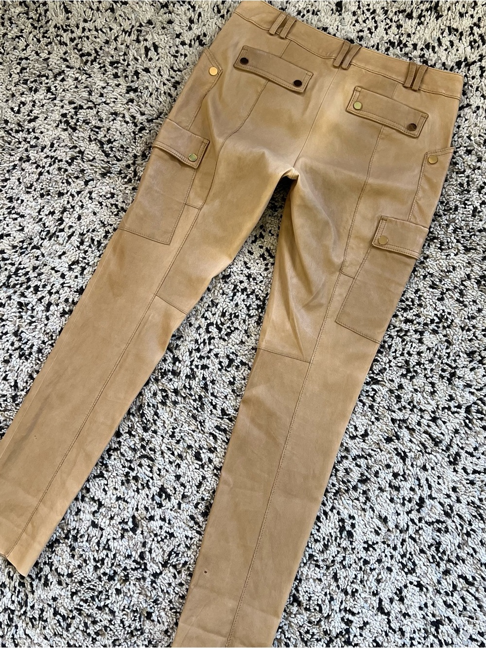 Tory Burch Leather Pants Distressed Tan Cargo Pockets Women’s Size 10 - Picture 15 of 16